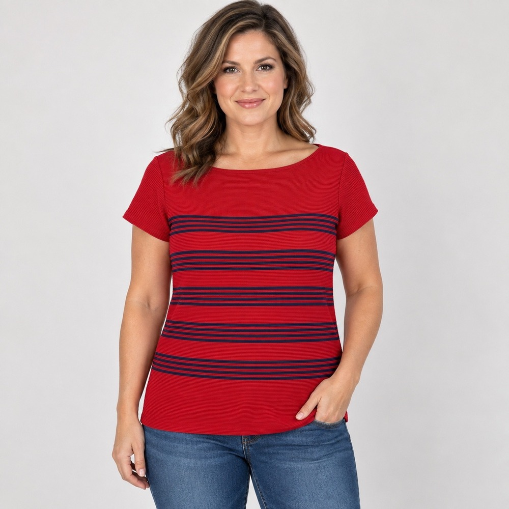 Lauren Ralph Lauren Top Womens M Red Navy Striped Ribbed Boat Neck Short Sleeve
